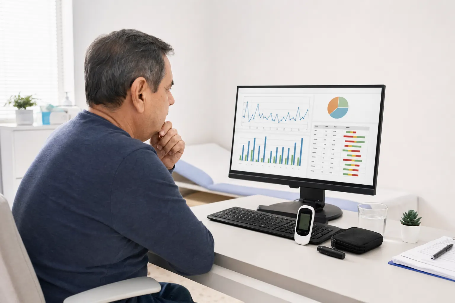 Un paciente revisando los resultados de su monitoreo de glucosa y perfil lipídico en un ambiente clínico.