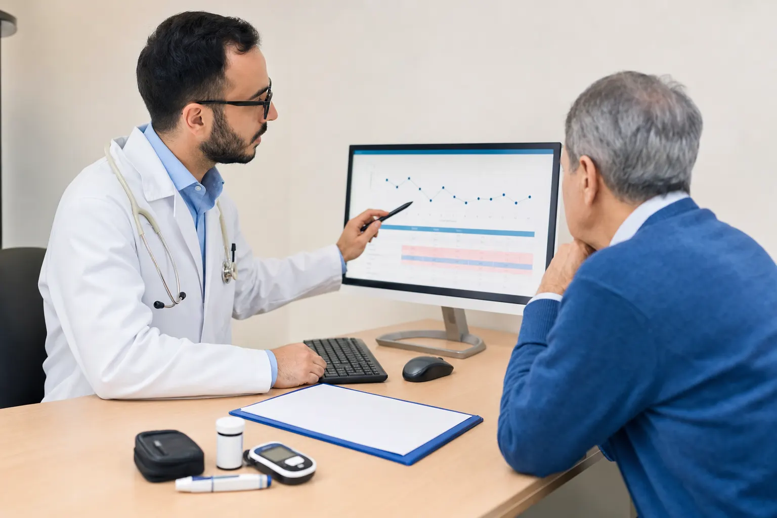 Consulta médica en Bogotá para la interpretación de resultados de glucosa en un paciente con diabetes.