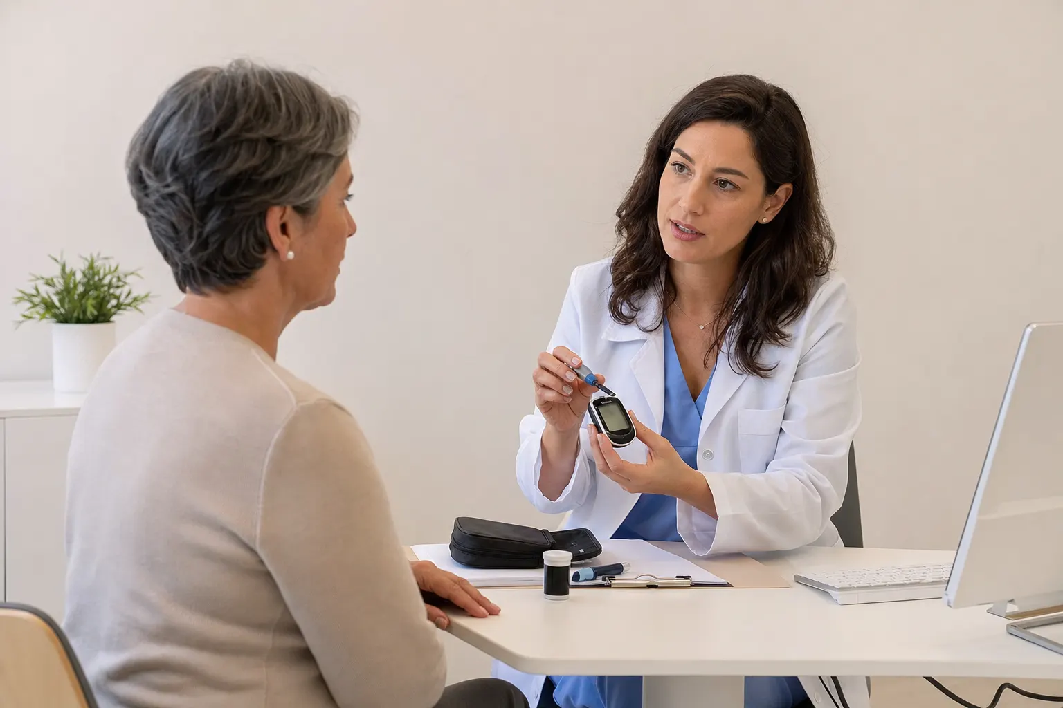 Consulta médica en endocrinología, paciente hablando con un endocrinólogo sobre diabetes en Bogotá.