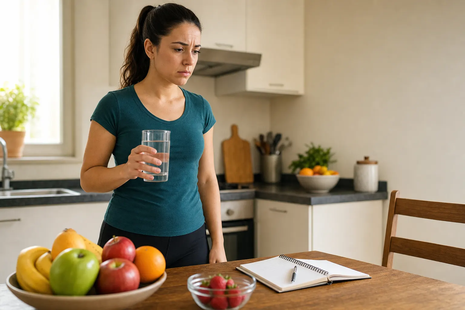Persona en su cocina mostrando síntomas de diabetes, como sed excesiva y fatiga, en un entorno cotidiano.