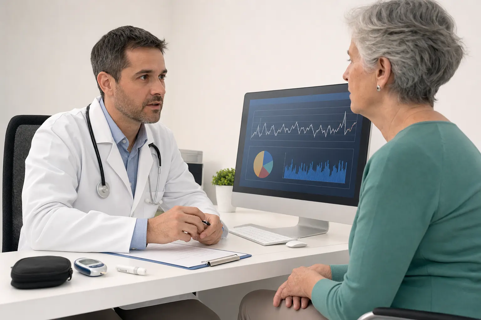 Consulta médica sobre diabetes en un consultorio en Bogotá