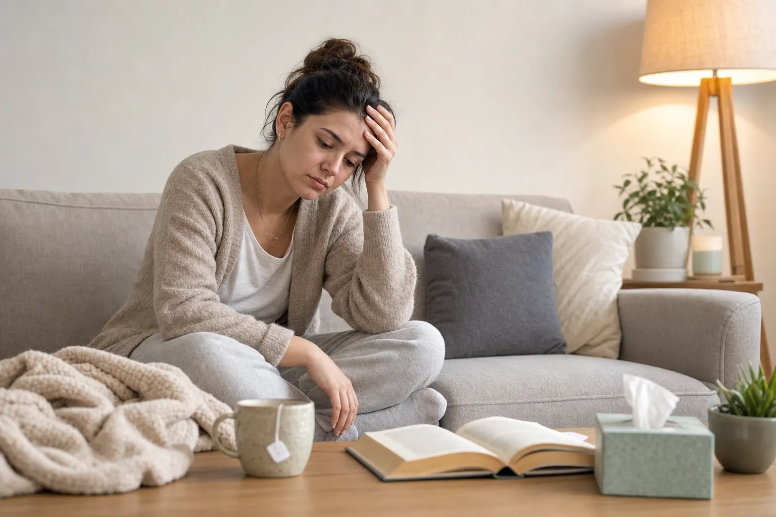 Person at home showing signs of fatigue and sadness due to hormonal changes.
