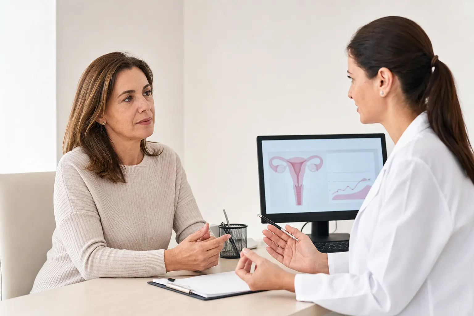 Consulta médica sobre síntomas de menopausia en un consultorio de endocrinología