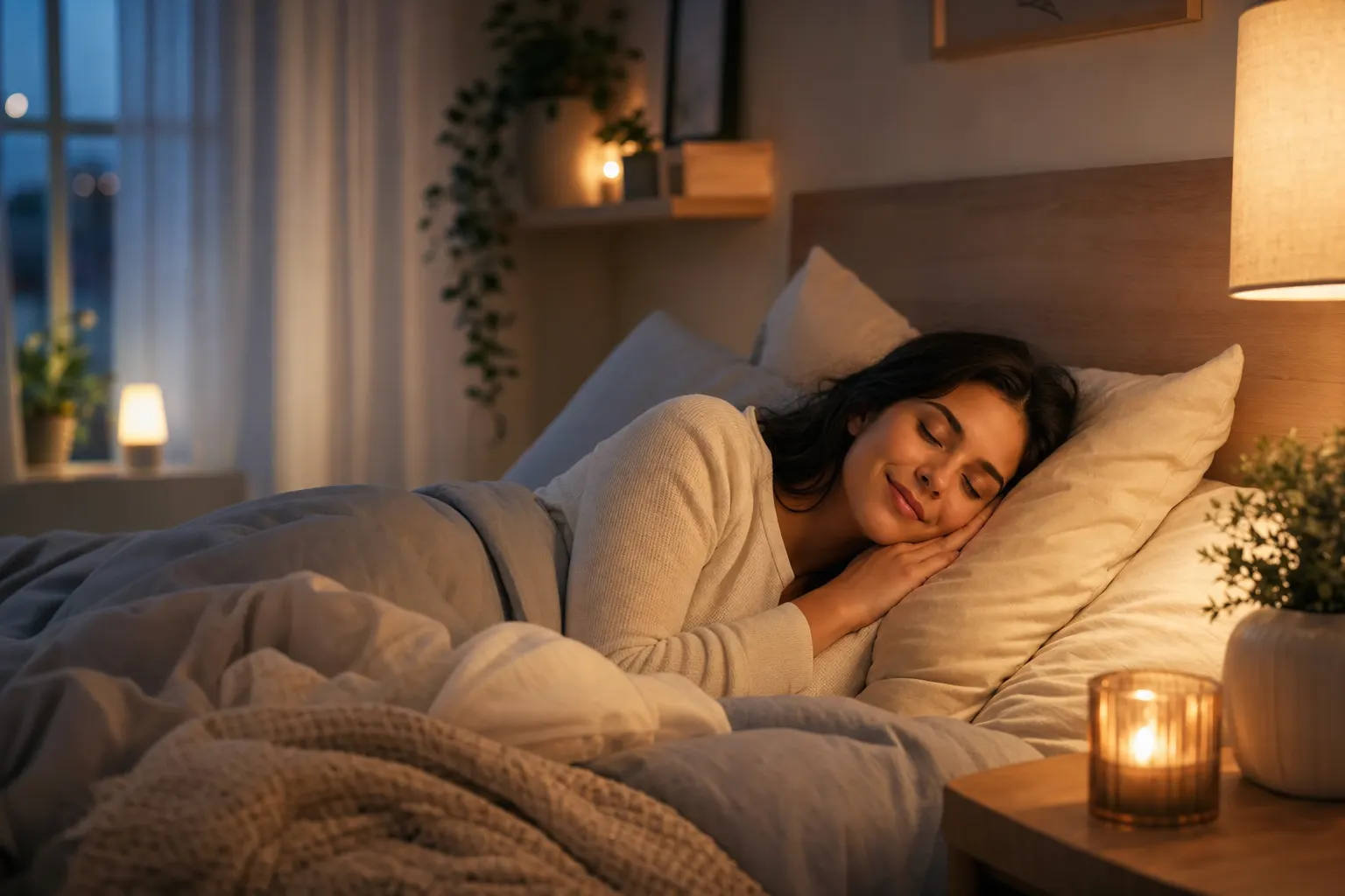 Mujer descansando en una cama, con expresión tranquila, rodeada de un ambiente relajante.