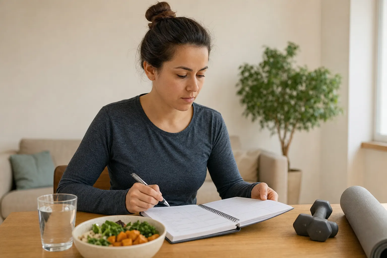 Persona revisando sus hábitos de alimentación y ejercicio, enfocándose en el autocuidado en un ambiente acogedor.