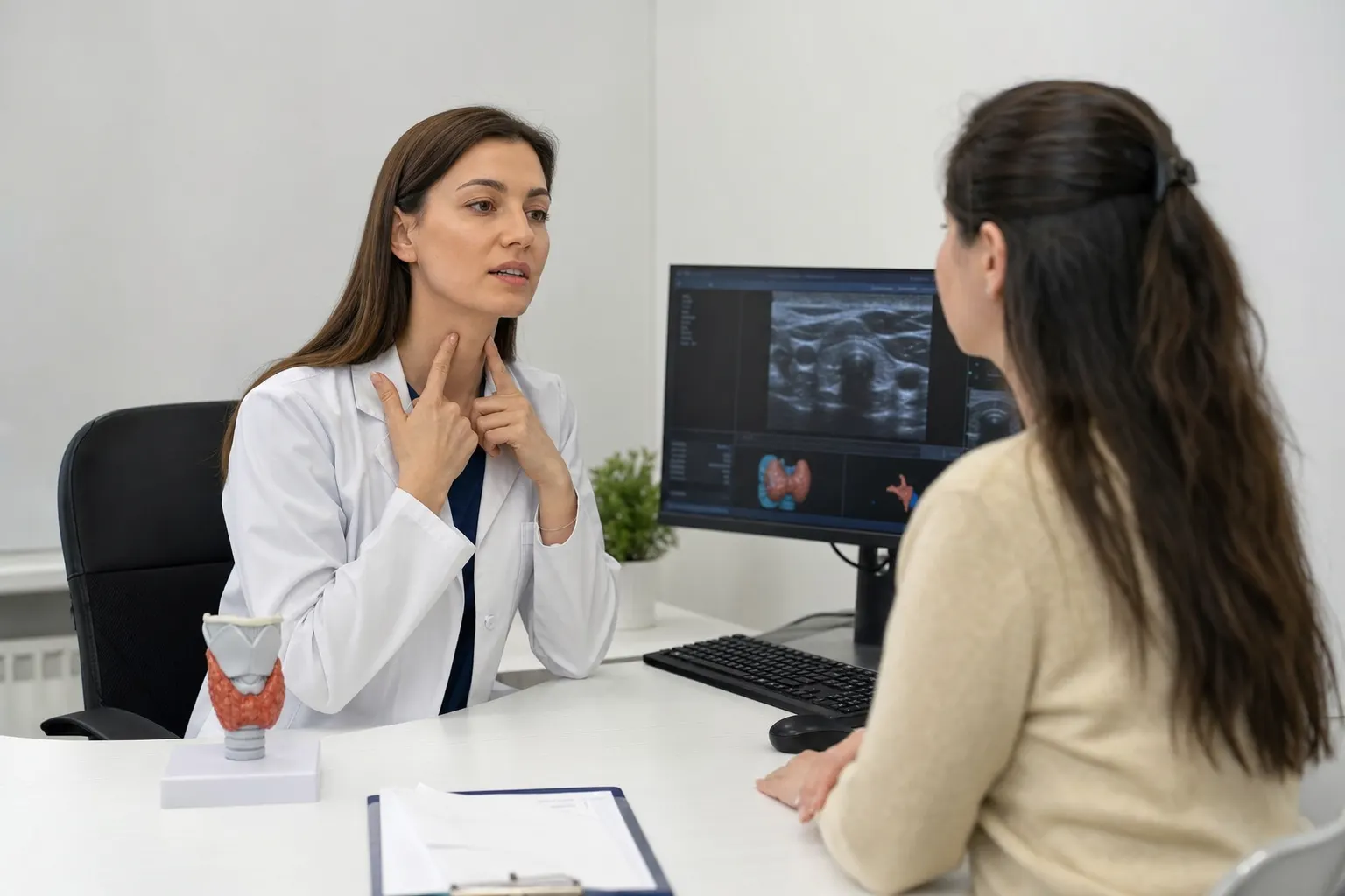 Consulta médica sobre tiroides en un consultorio
