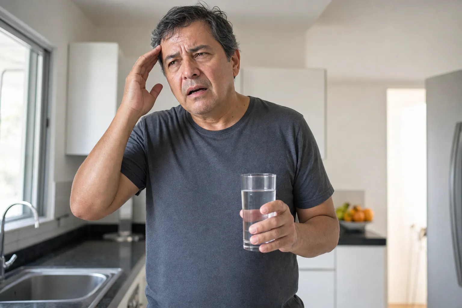 Persona con signos visibles de cetoacidosis diabética, mostrando deshidratación y confusión.
