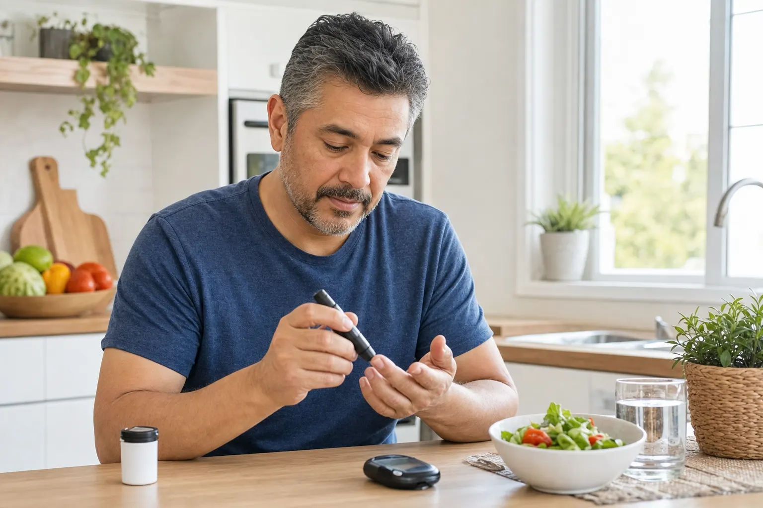 Patient checking their glucose level on a digital meter in their kitchen