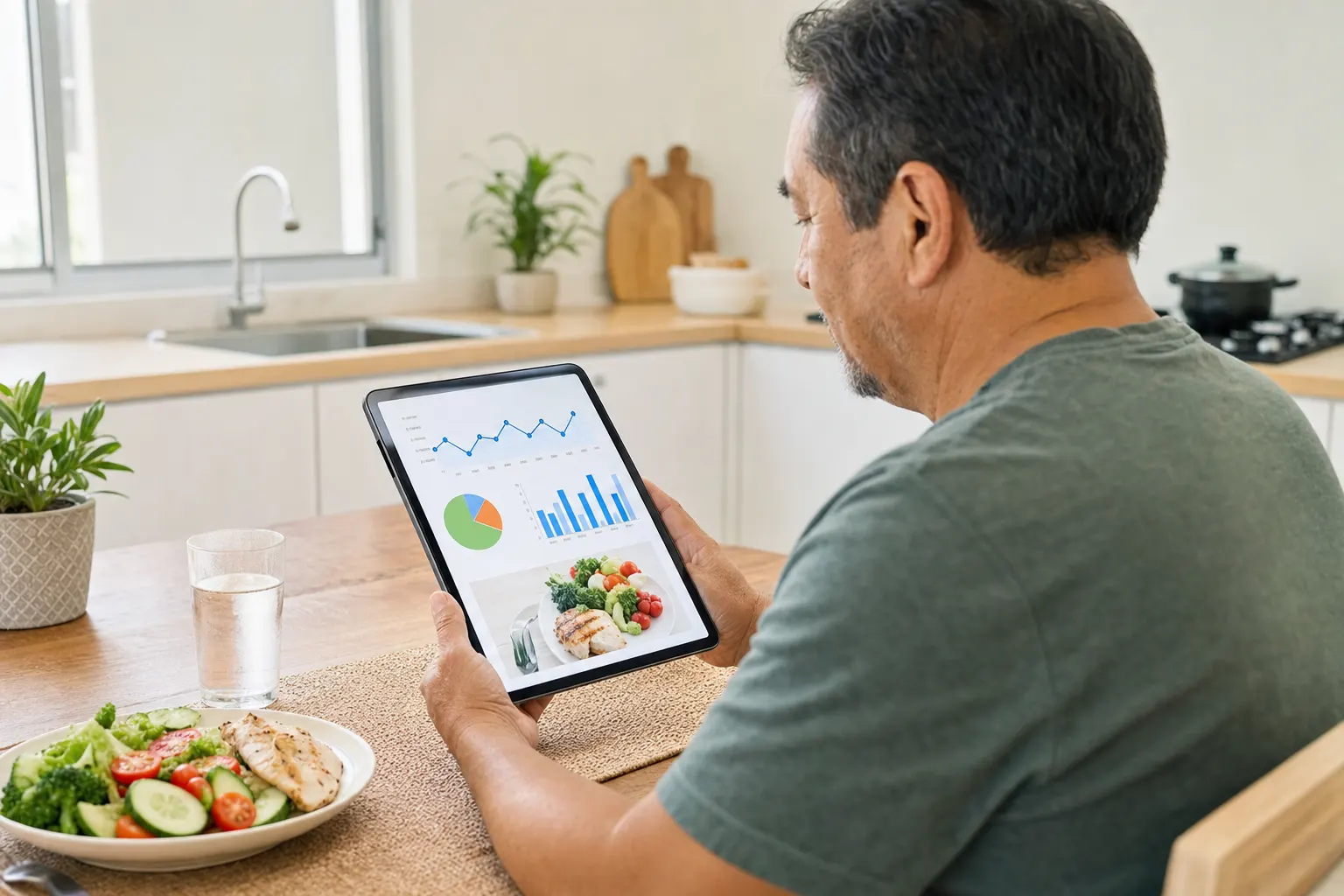 Paciente revisando su dieta y resultados de salud relacionados con diabetes