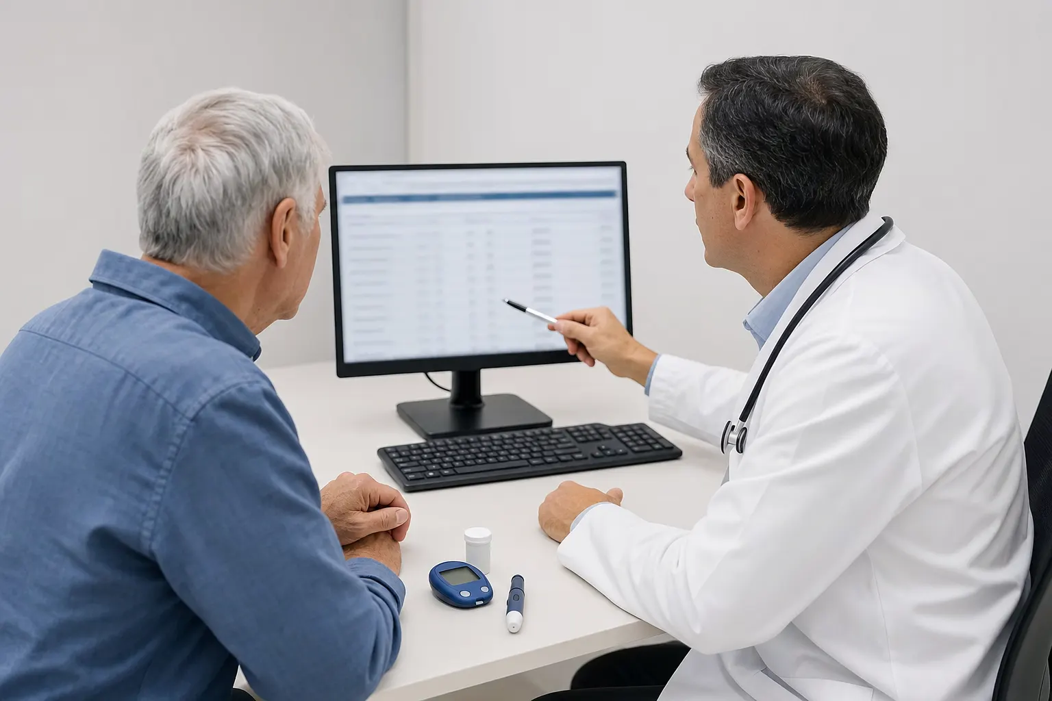 Consulta médica en endocrinología en Bogotá, un paciente y un especialista revisando resultados de análisis de diabetes.