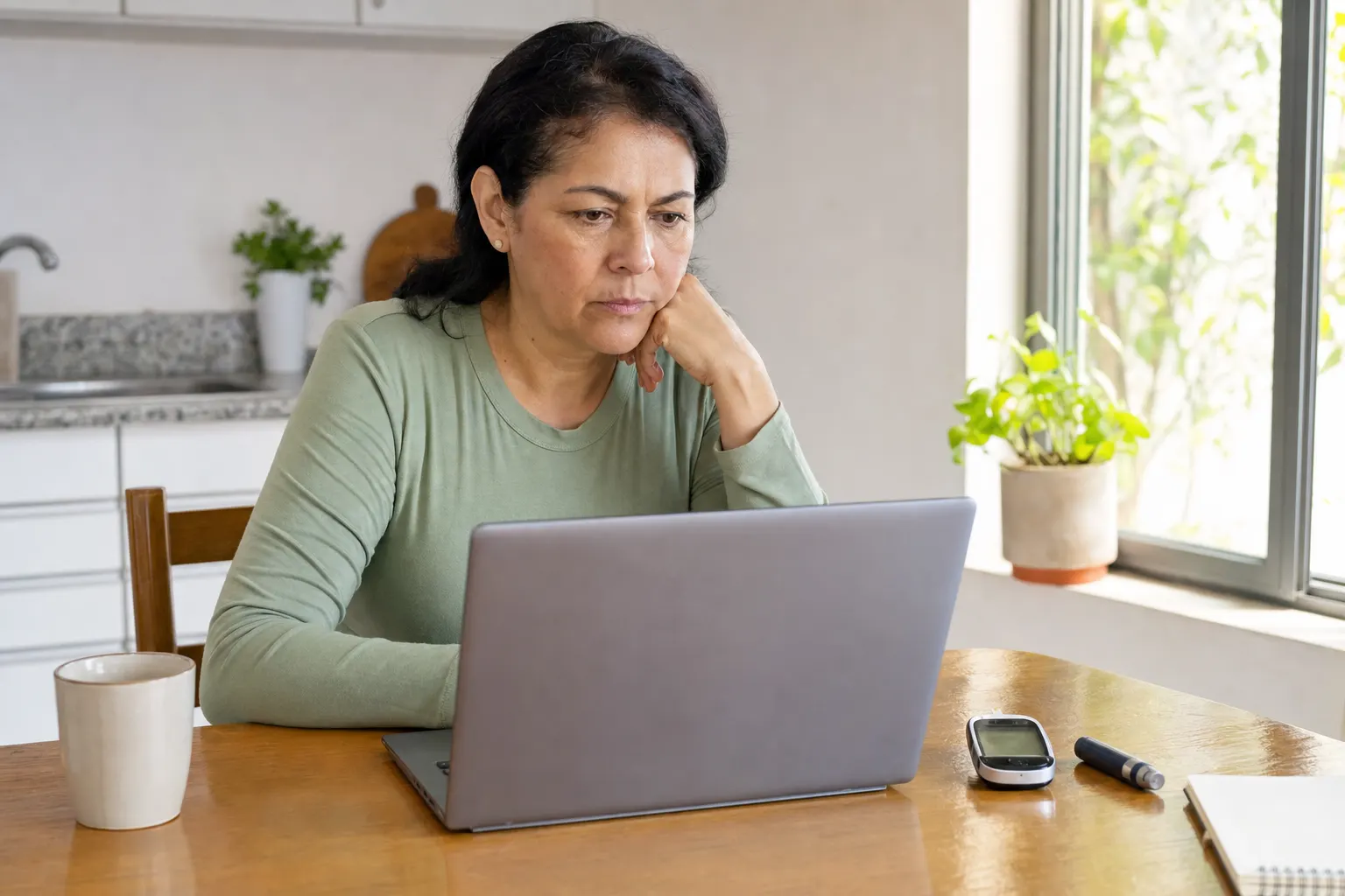 Persona revisando resultados de análisis de glucosa en su hogar