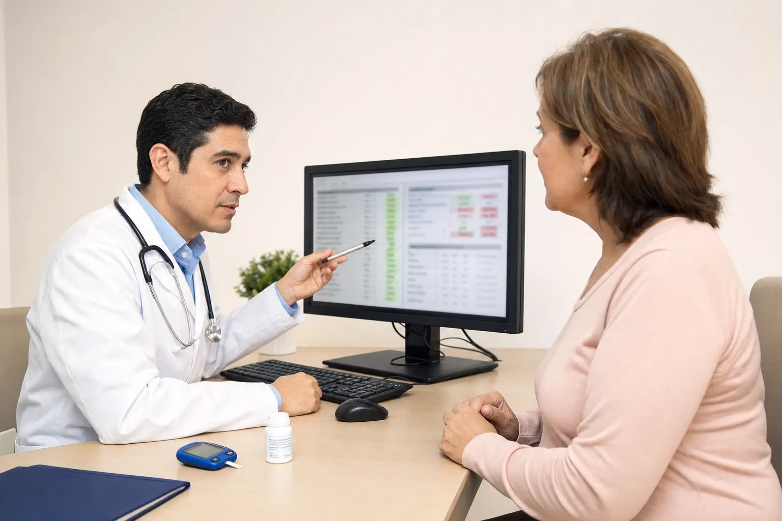 Consulta médica sobre diabetes en un consultorio en Bogotá