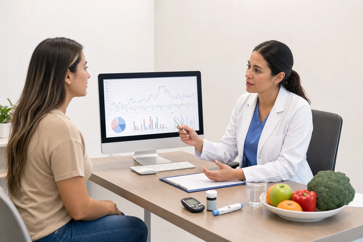 Consulta de endocrinología en Bogotá, enfocada en hábitos saludables para manejar la diabetes.