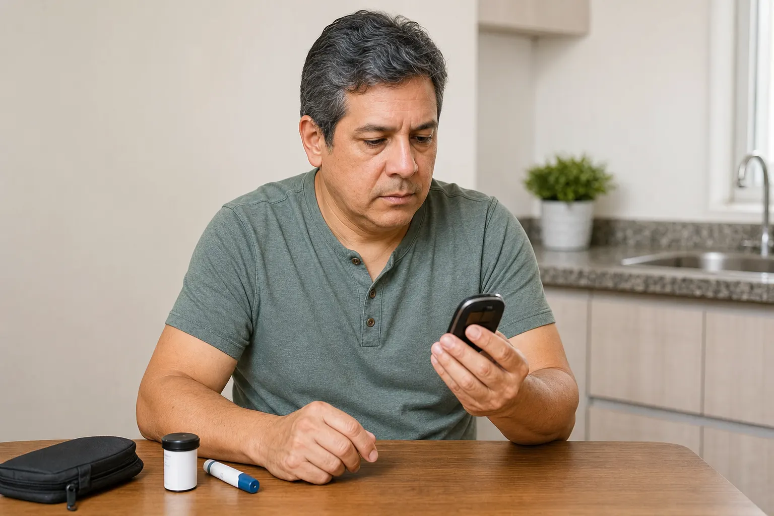 Persona revisando resultados de glucosa en un dispositivo médico en su hogar