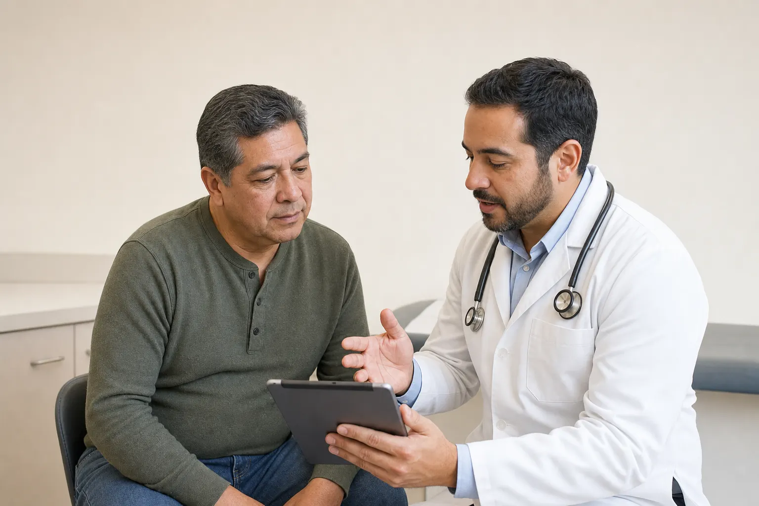 Paciente revisando su plan de tratamiento para diabetes en una consulta médica en Bogotá.