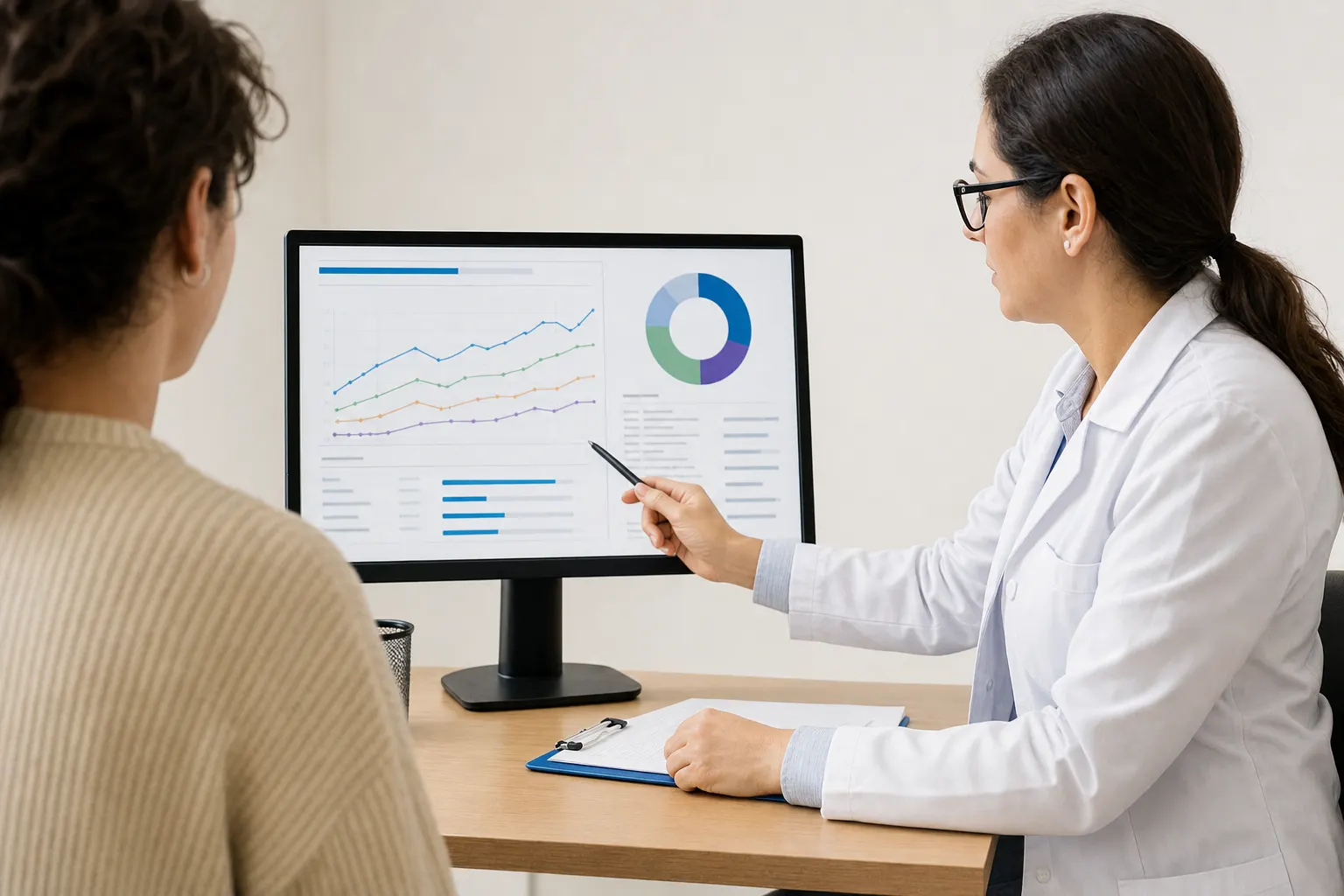 Pantalla de computadora con resultados de evaluación de disforia de género en un entorno médico.