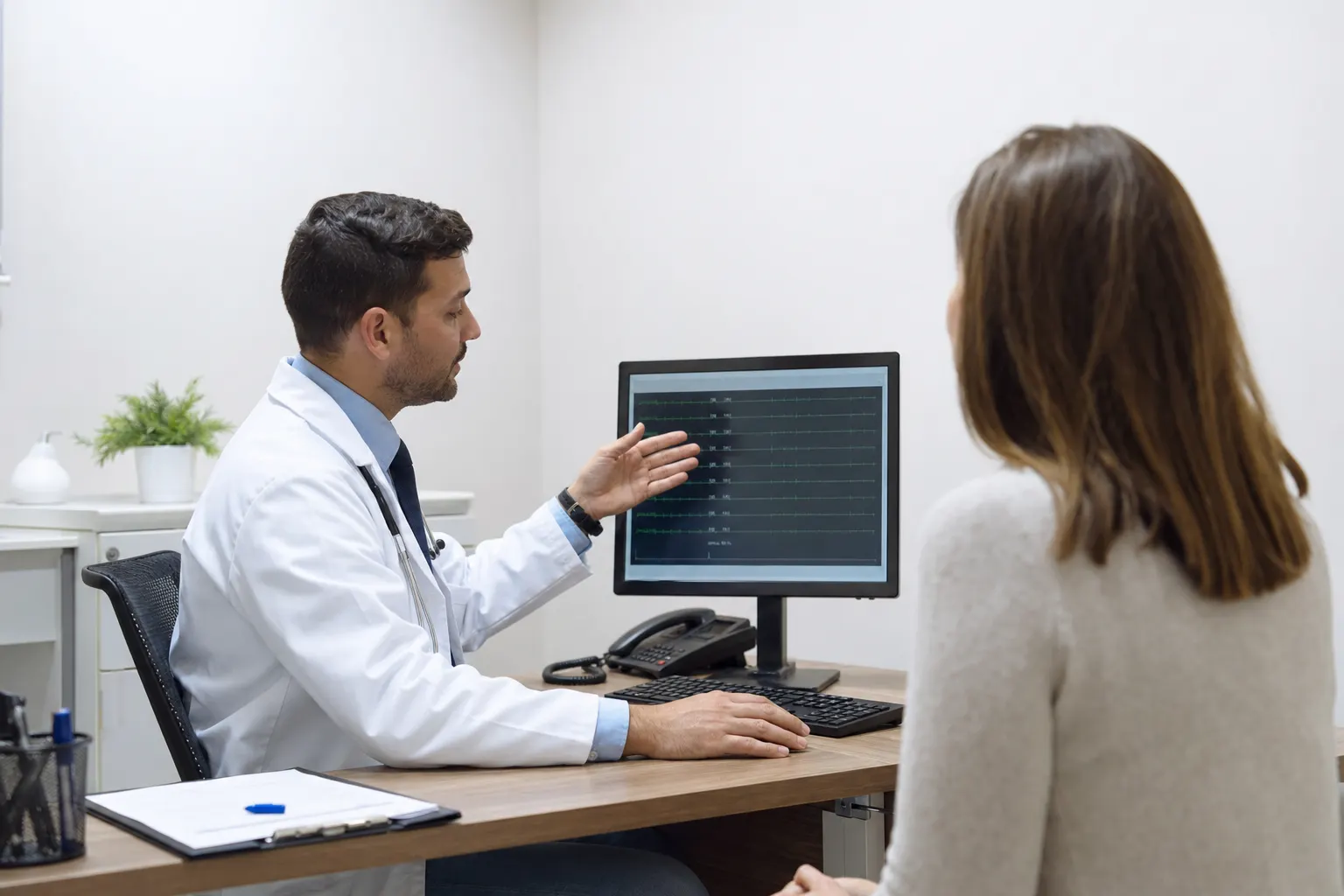 Consulta médica sobre hábitos saludables en un consultorio de endocrinología