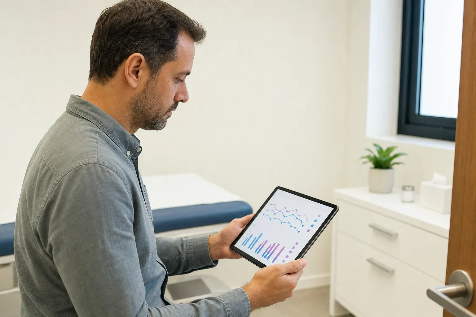 Patient reviewing thyroid and sexual hormone test results on a tablet in a medical office.