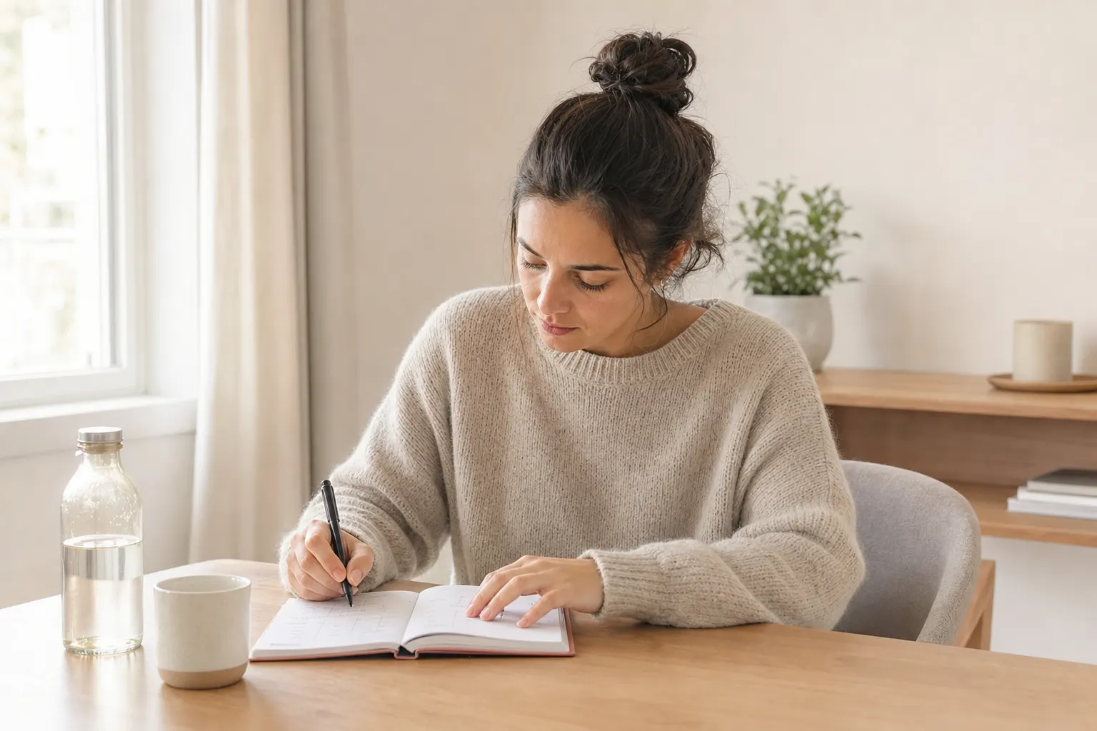 Person reviewing their hormonal symptoms journal in a tidy and bright space.