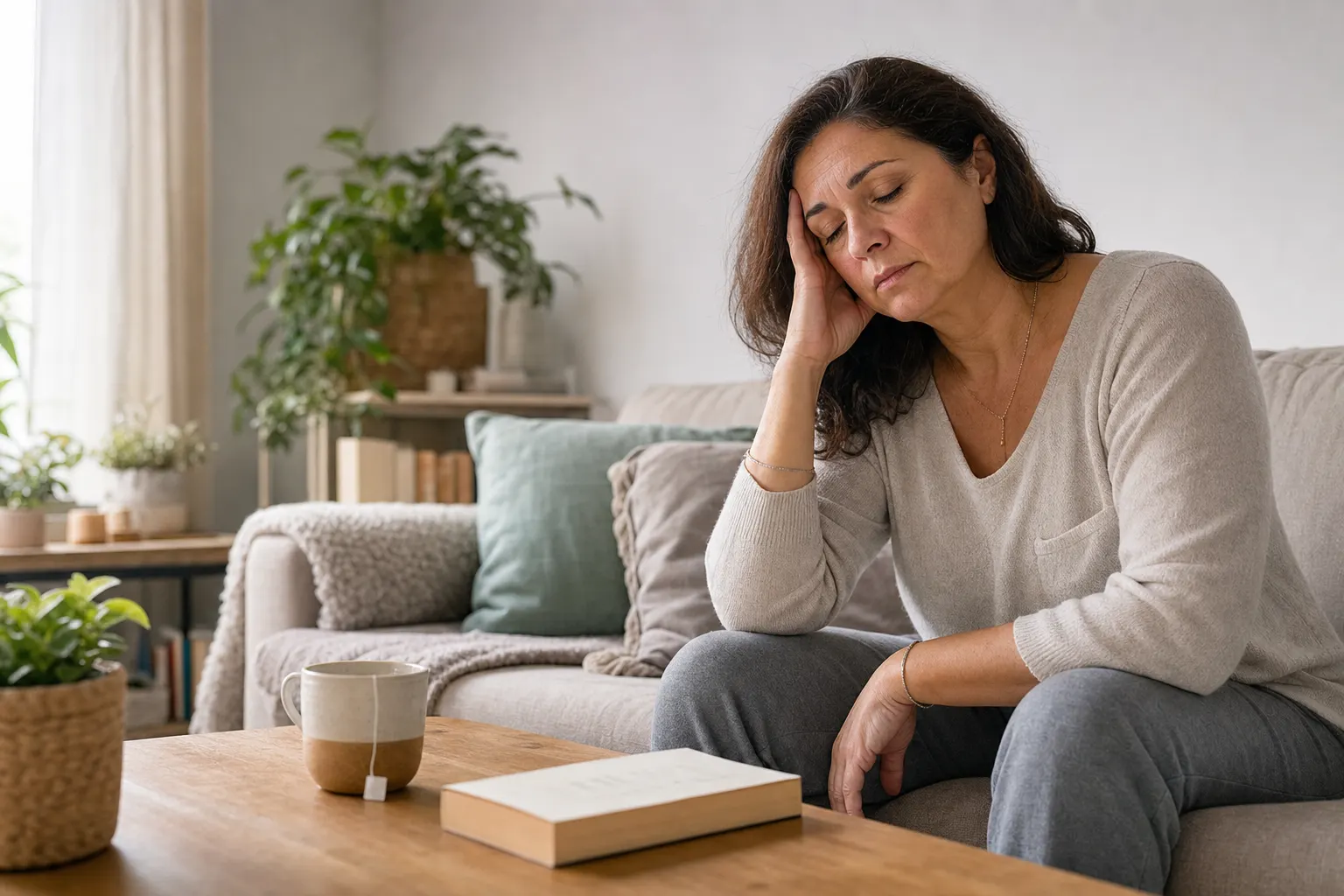 Woman at home, sitting with a tired expression, surrounded by everyday objects that reflect her state of fatigue.