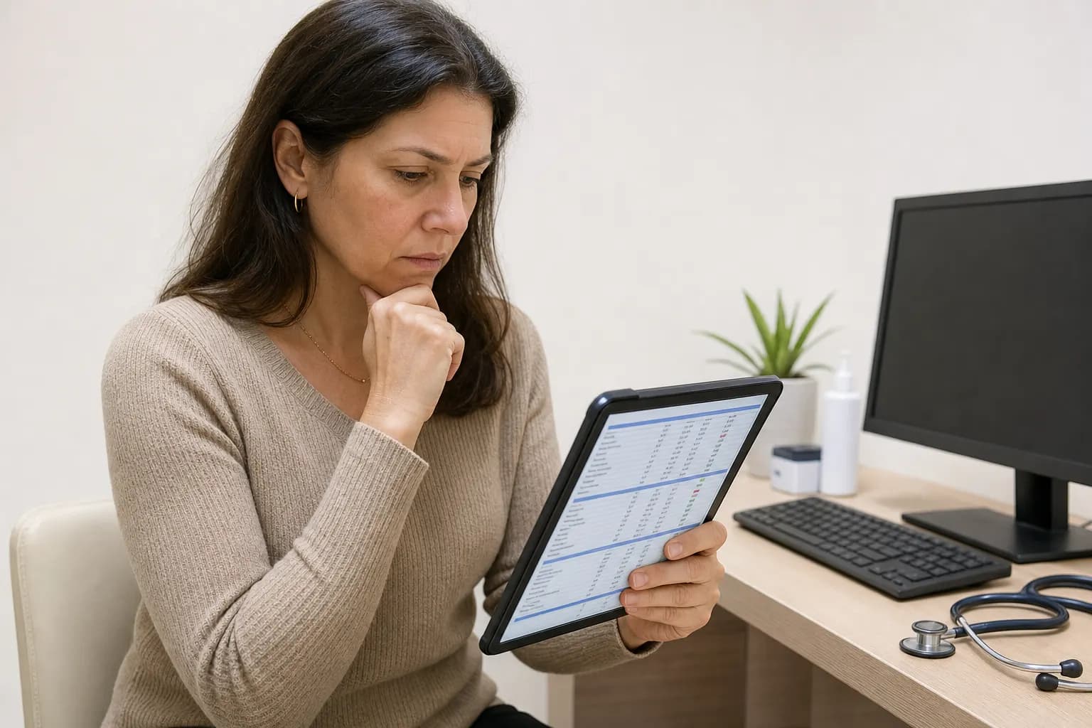 Patient reviewing laboratory results in a clinical setting related to hormonal treatment