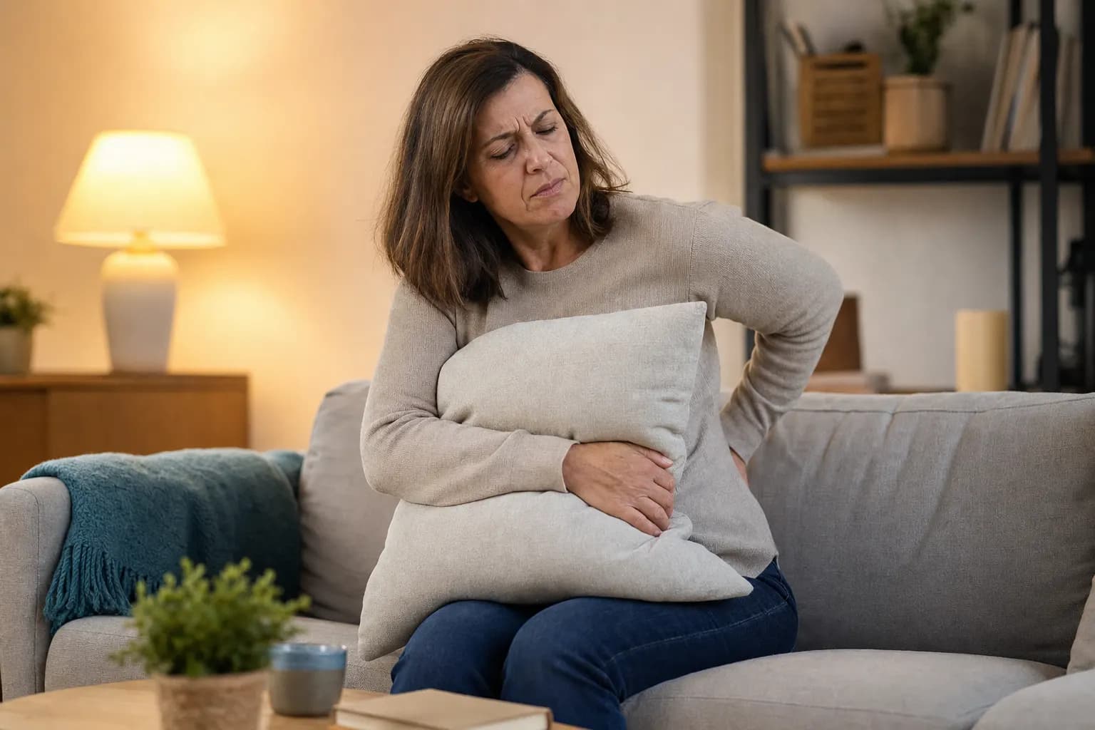 Mujer en un entorno cotidiano experimentando síntomas de menopausia en Bogotá.