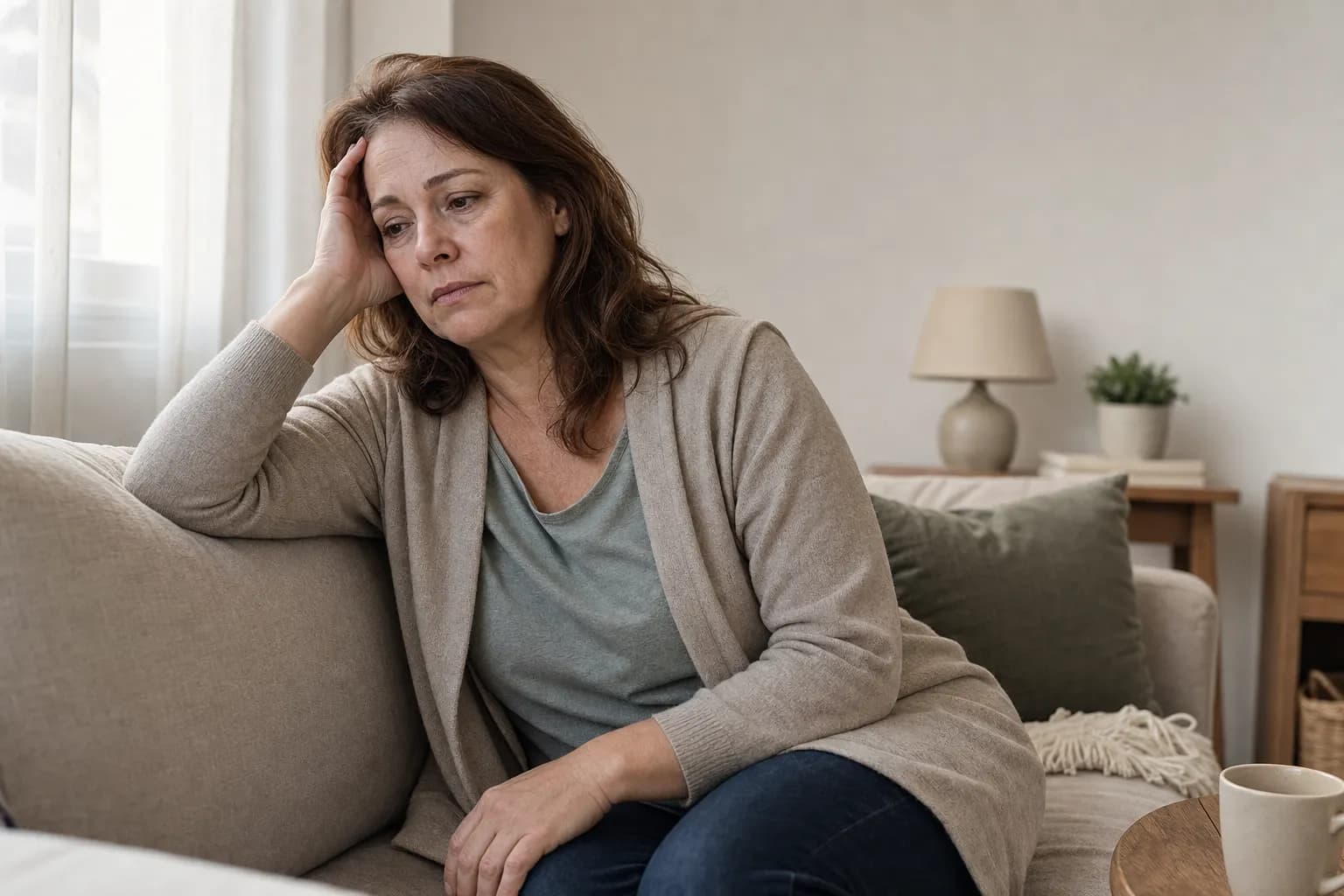 Mujer de mediana edad con expresión cansada, sentada en un sofá, reflejando signos de fatiga y malestar, en su hogar.