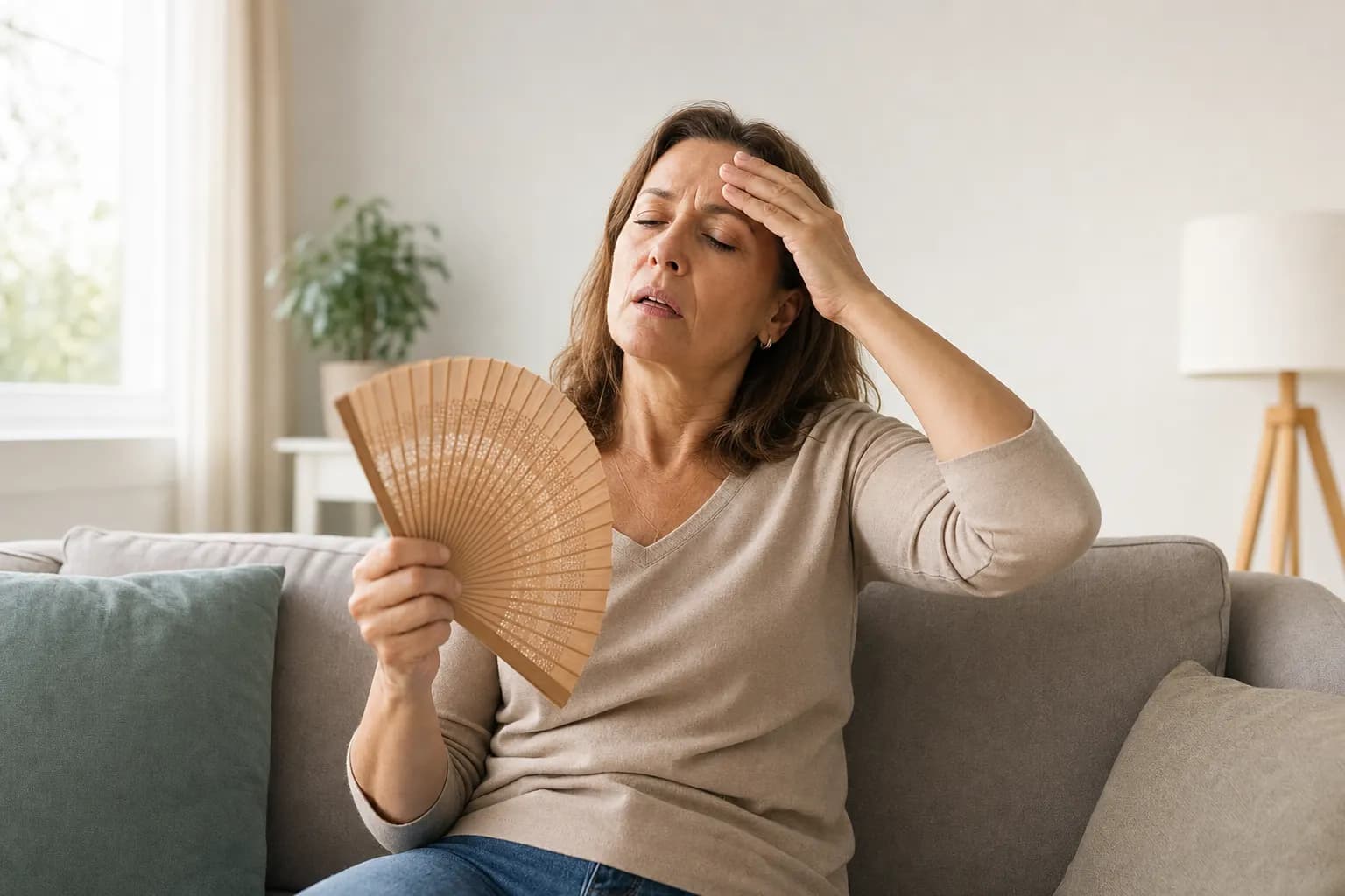 Mujer experimentando sofocos en un entorno cotidiano