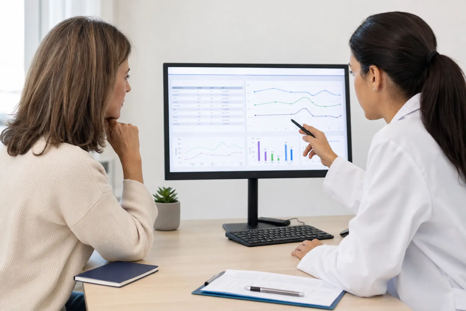 Resultados de exámenes hormonales en pantalla de computadora durante consulta médica.