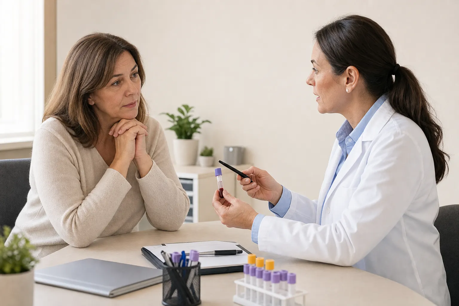 Woman receiving information about hormonal tests related to menopause in a clinical setting.