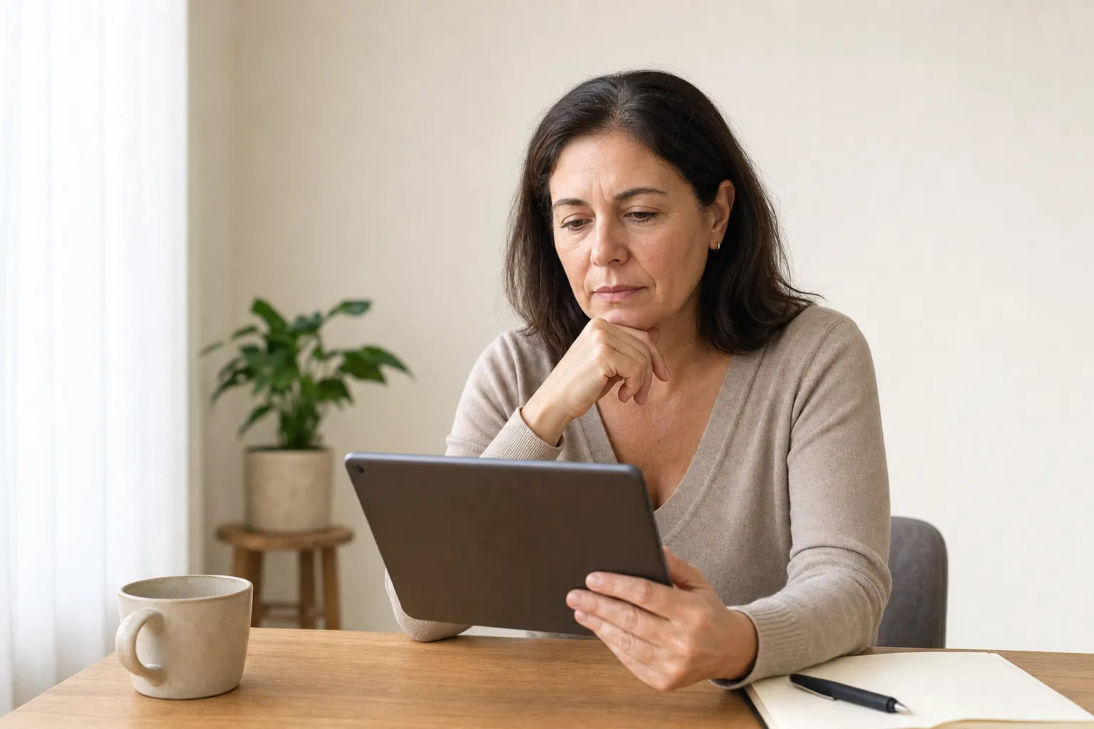 Mujer revisando resultados de exámenes de menopausia en una tablet en un entorno neutro.