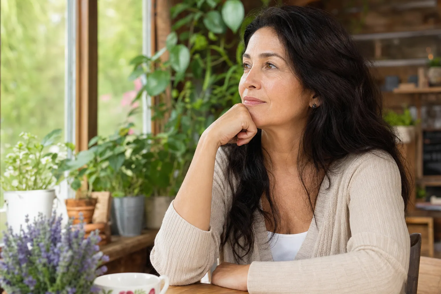 Mujer de mediana edad reflexionando sobre su salud