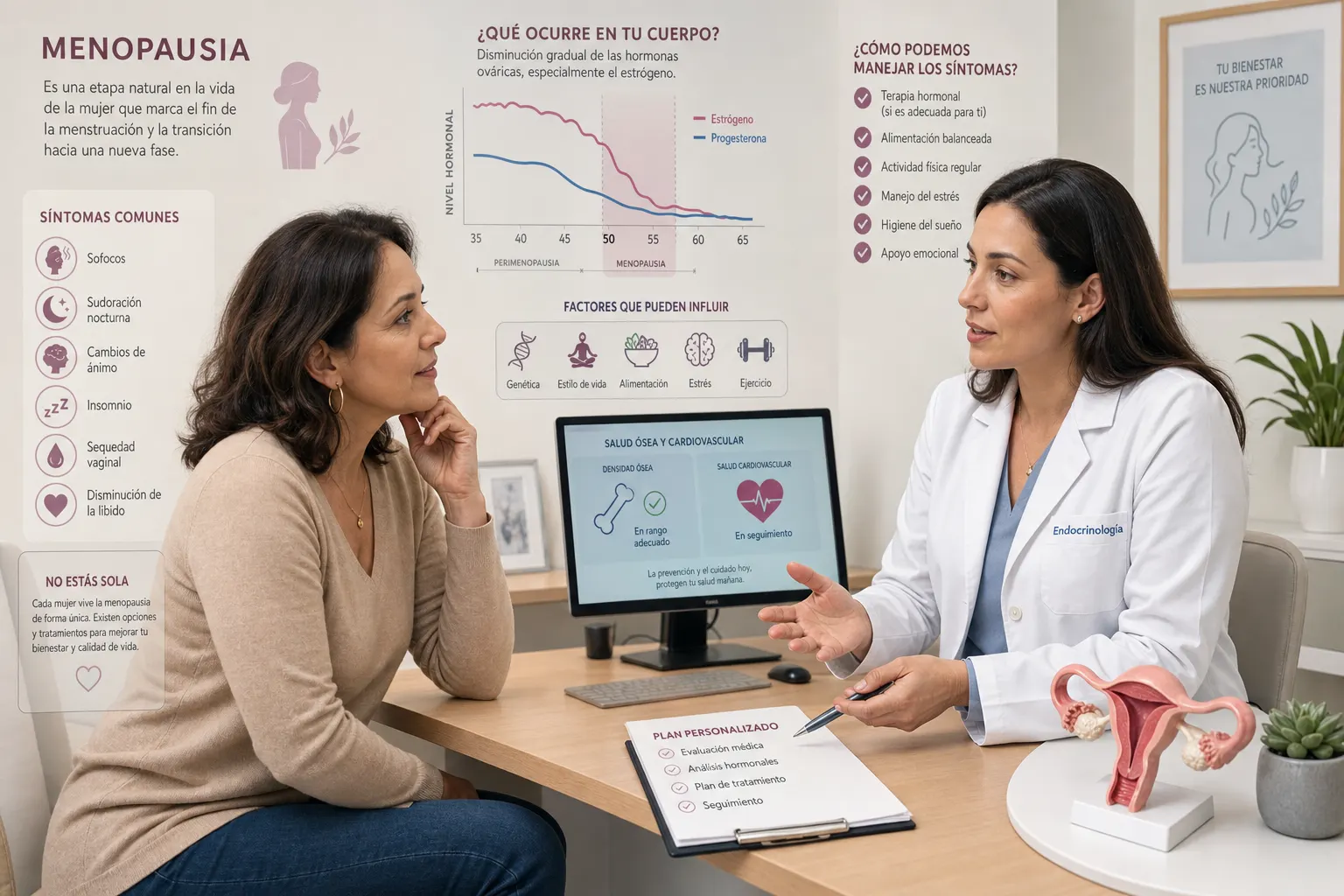 Mujer en consulta con endocrinólogo sobre menopausia y salud en Bogotá