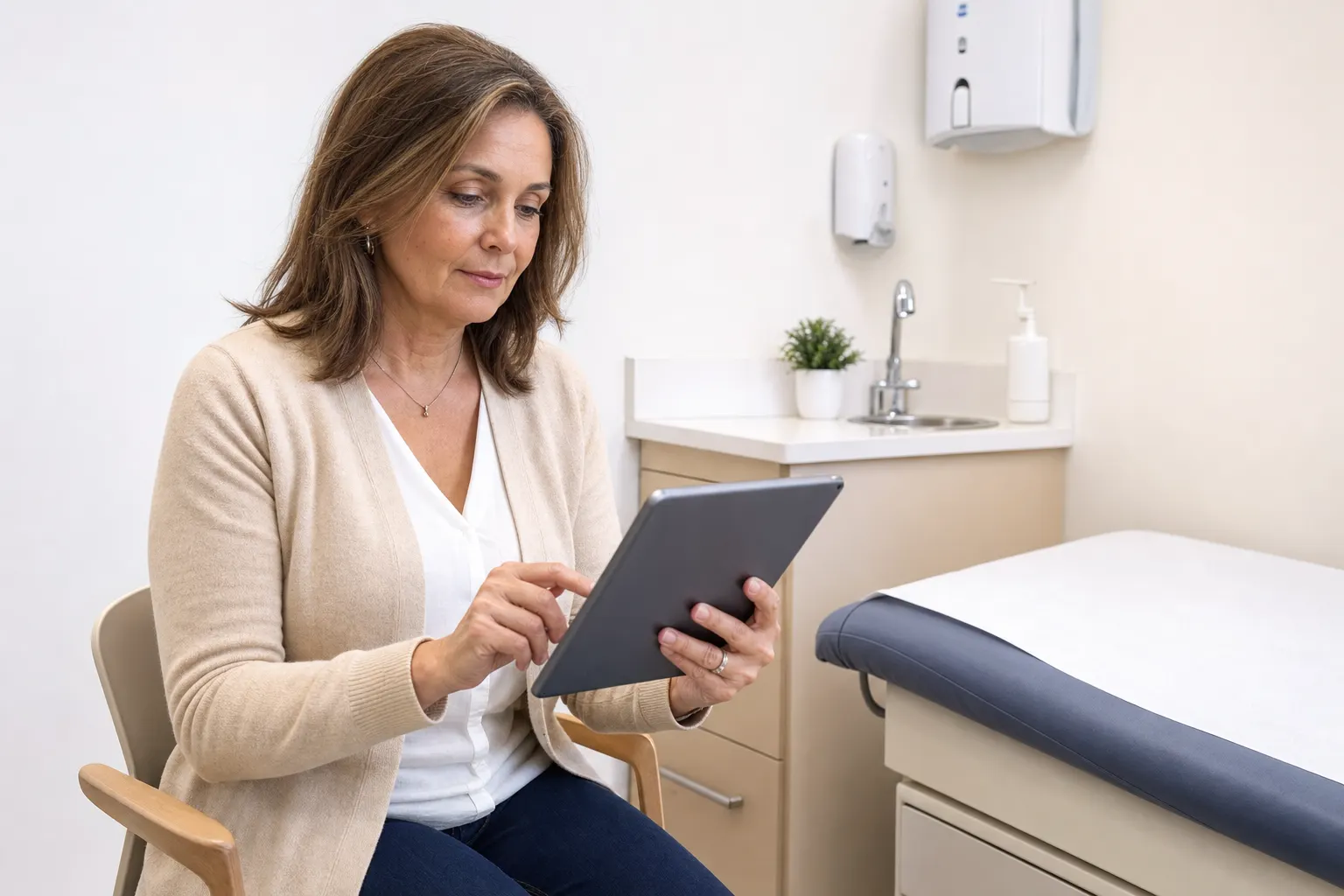 Mujer revisando resultados de salud en una tablet en un consultorio médico en Bogotá