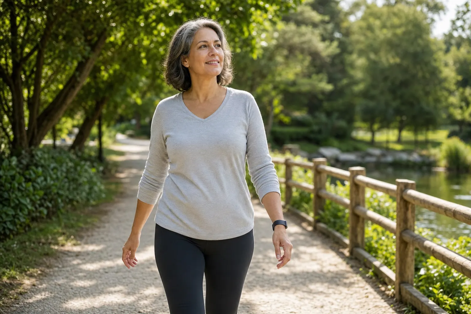 Mujer caminando en un parque, simbolizando la importancia del ejercicio durante la menopausia.