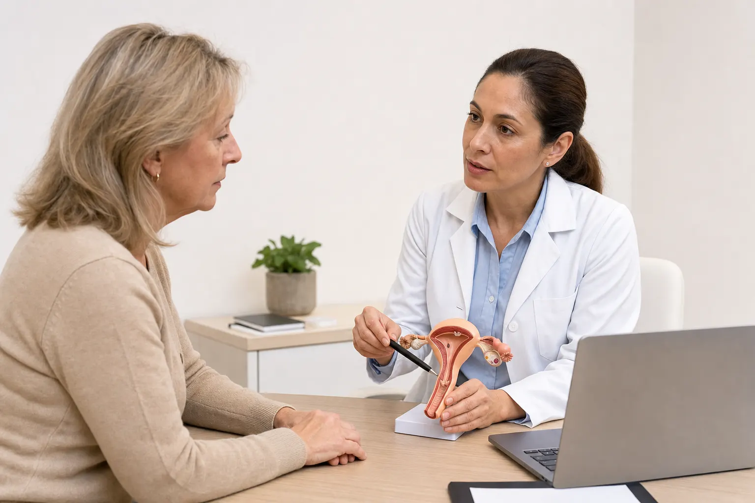 Consulta médica sobre síntomas inusuales de la menopausia en un consultorio