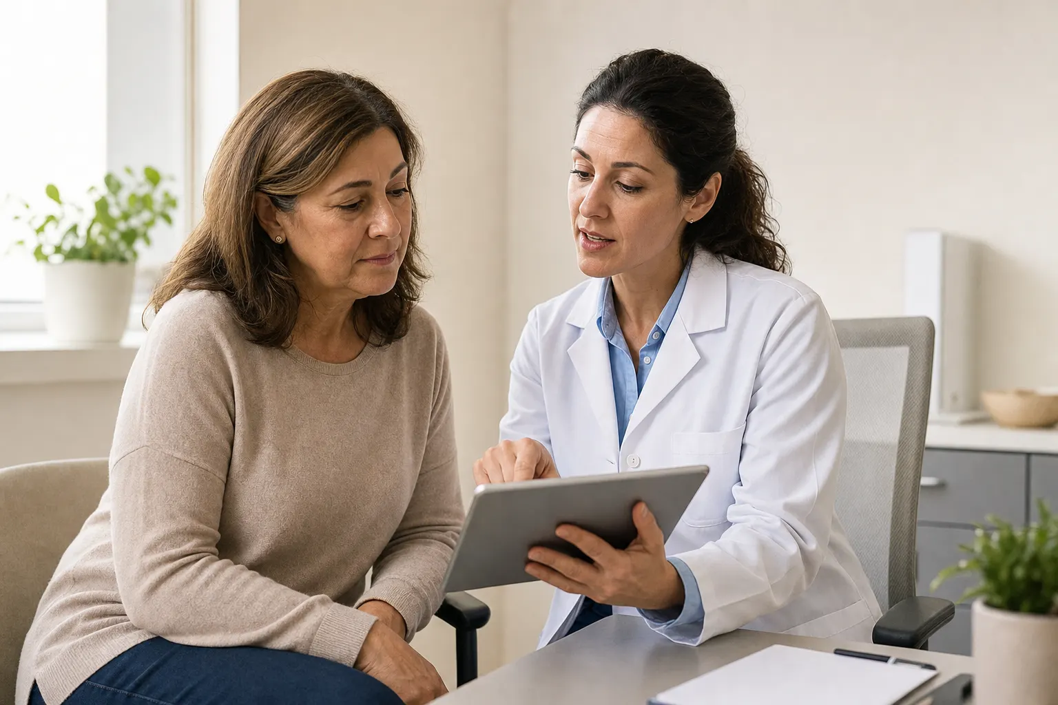 Mujer revisando un plan de tratamiento para la menopausia con un endocrinólogo en Bogotá.