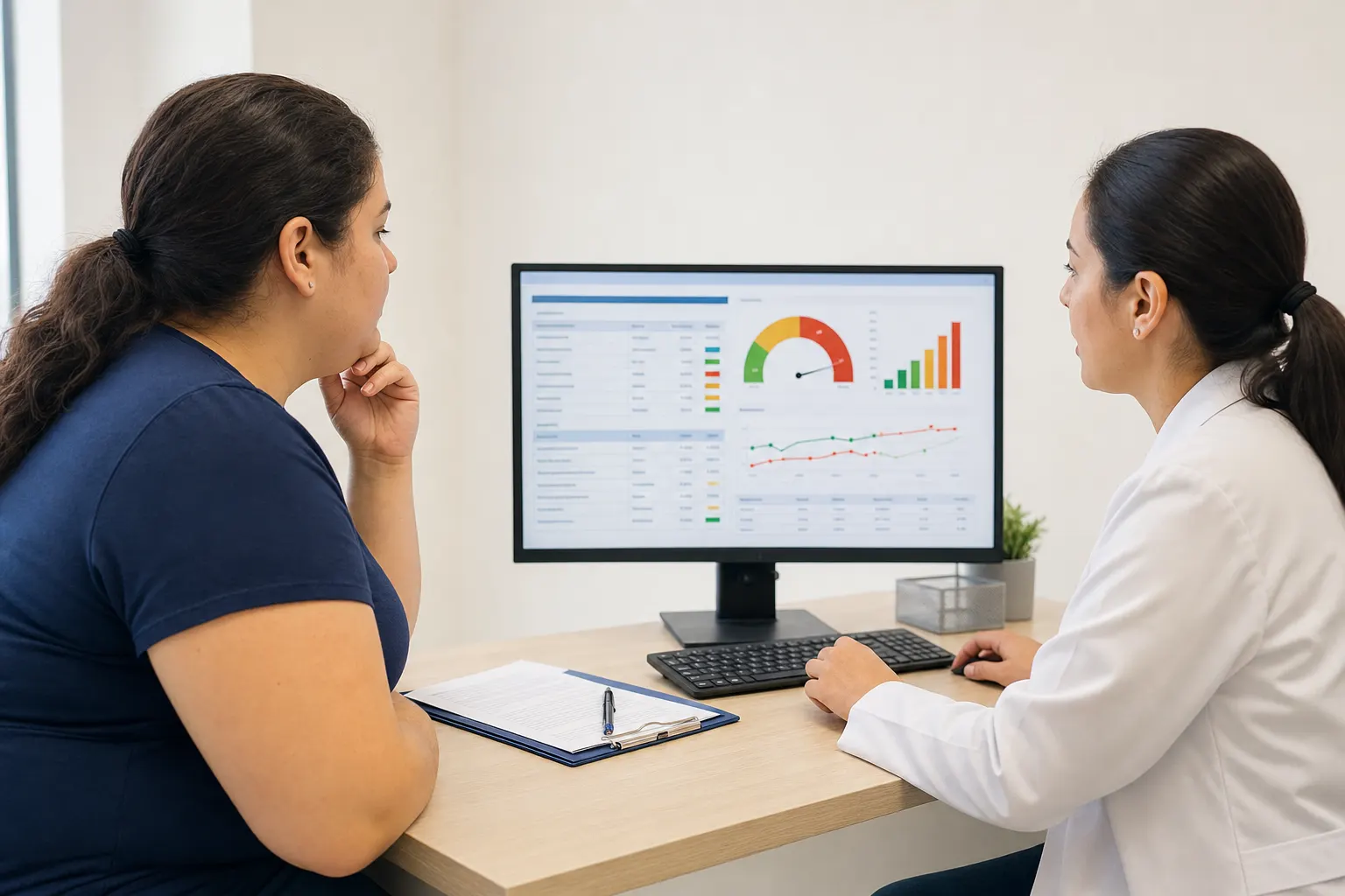 Resultados de análisis de salud en una pantalla de computadora en un consultorio médico, con gráficos de riesgo cardiovascular.