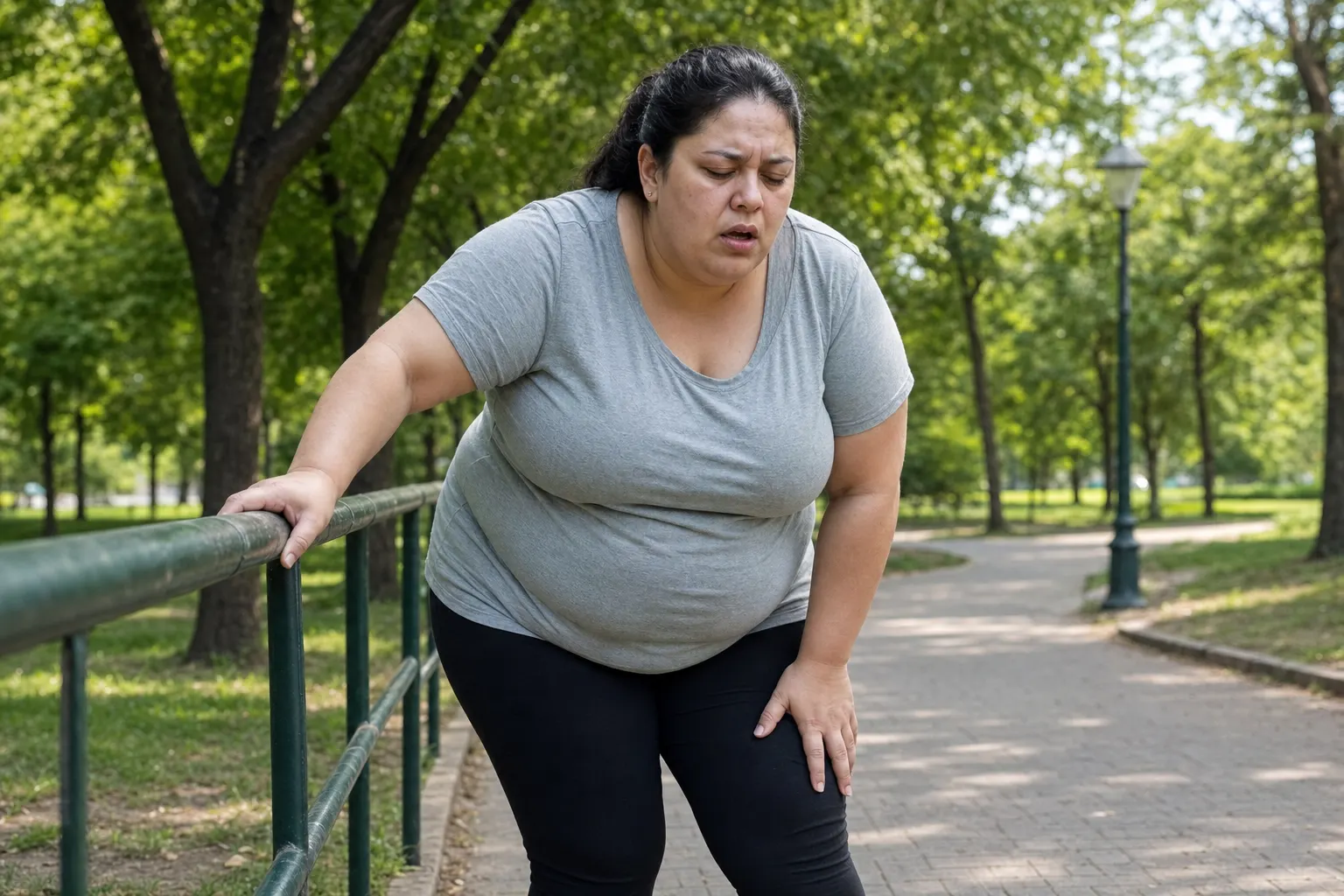 Persona mostrando dificultad para respirar al caminar en un parque, posible señal de complicaciones por obesidad.