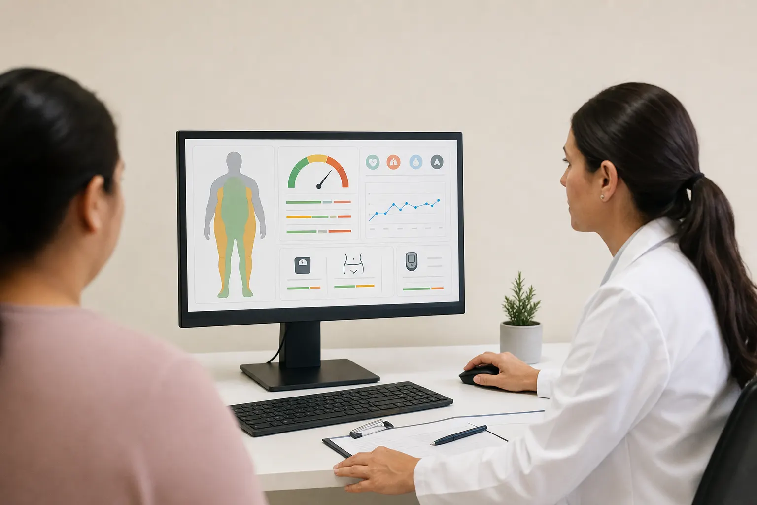 Pantalla de computadora mostrando análisis de obesidad, crucial para un diagnóstico preciso.