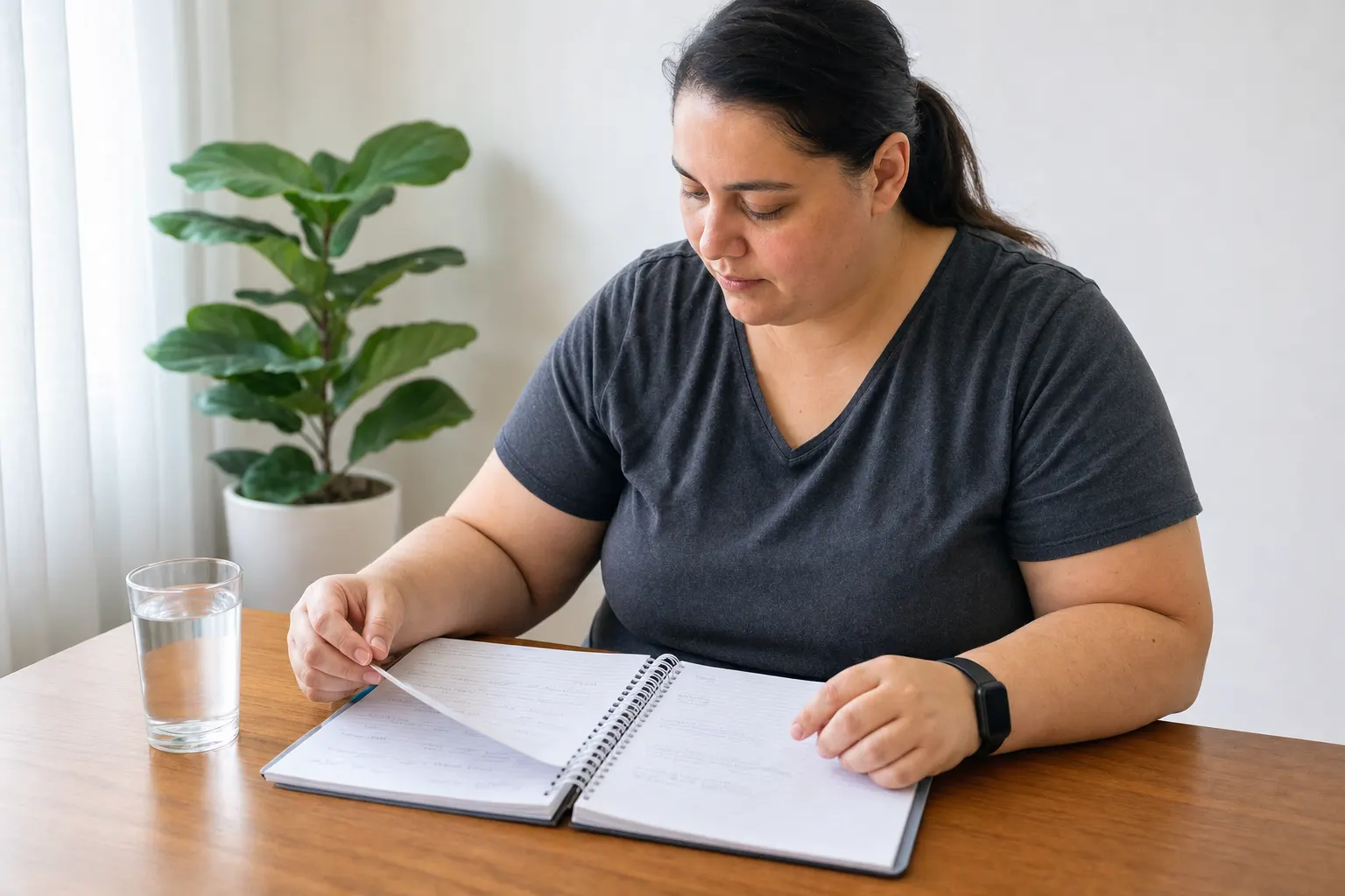 Persona revisando un registro de hábitos alimenticios y de actividad física en un entorno práctico.