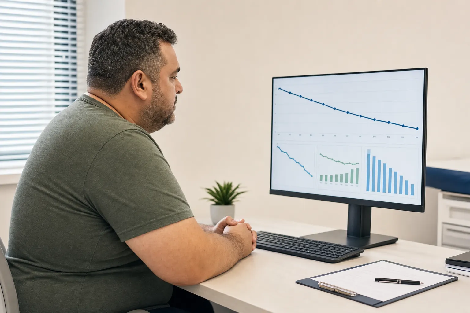 Paciente revisando resultados de su tratamiento para la obesidad en un consultorio médico en Bogotá.