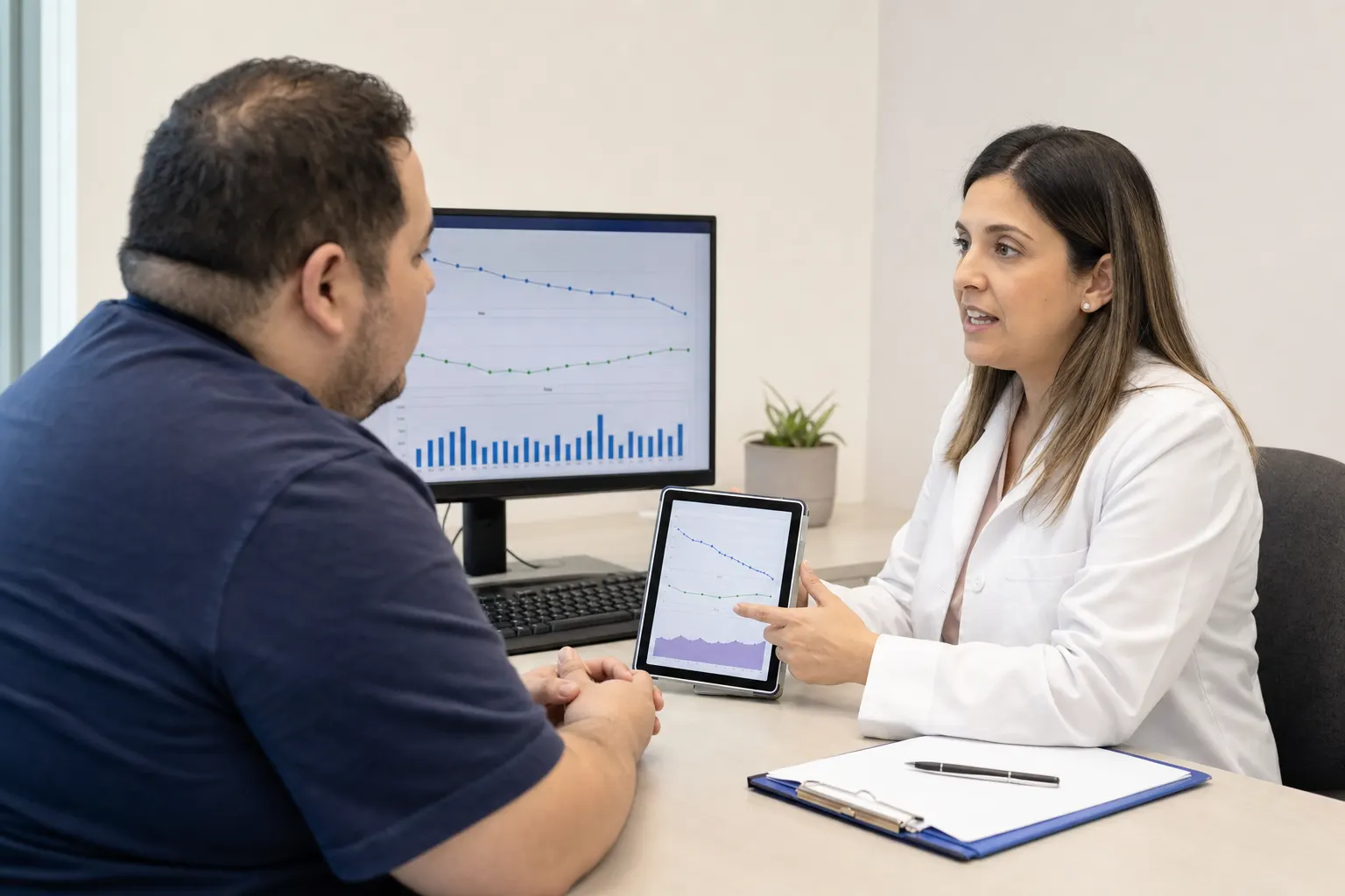 Paciente en consulta con un endocrinólogo en Bogotá, recibiendo orientación sobre su tratamiento personalizado para la obesidad.