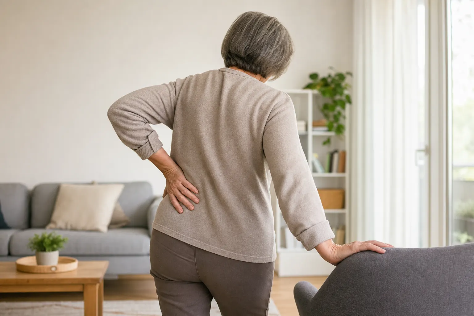 Una persona con dolor de espalda que sugiere complicaciones de osteoporosis.