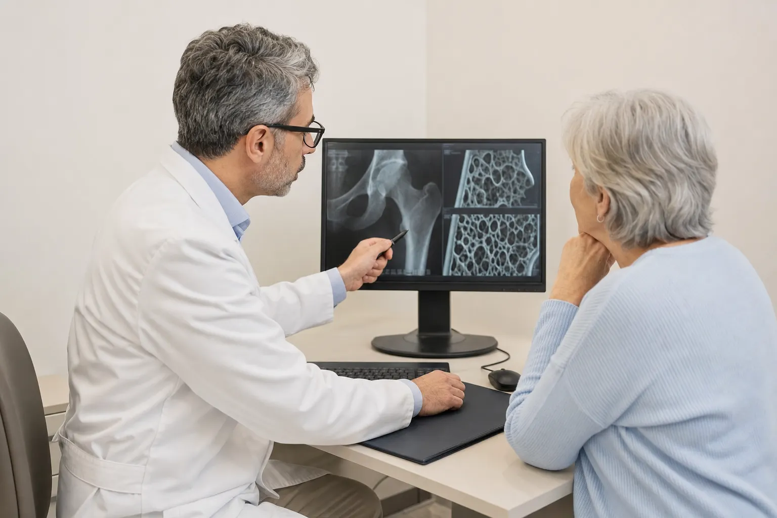 Consulta médica sobre densitometría ósea en un consultorio de endocrinología en Bogotá.