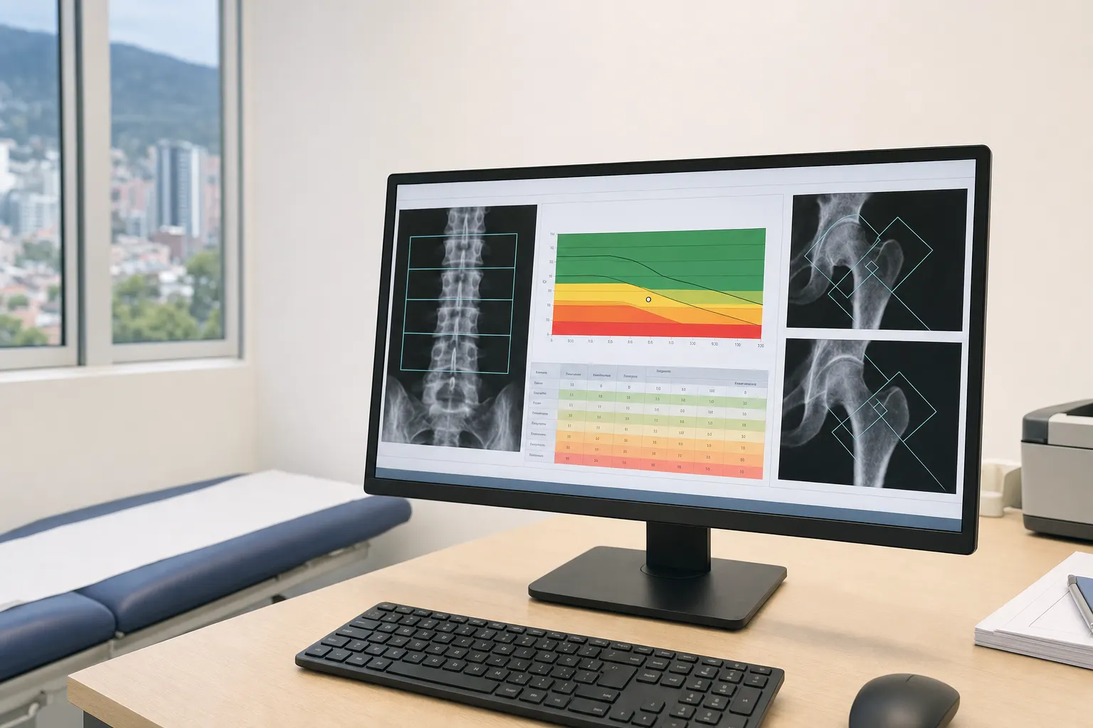 Bone density test results displayed on a computer screen in a medical office in Bogotá.