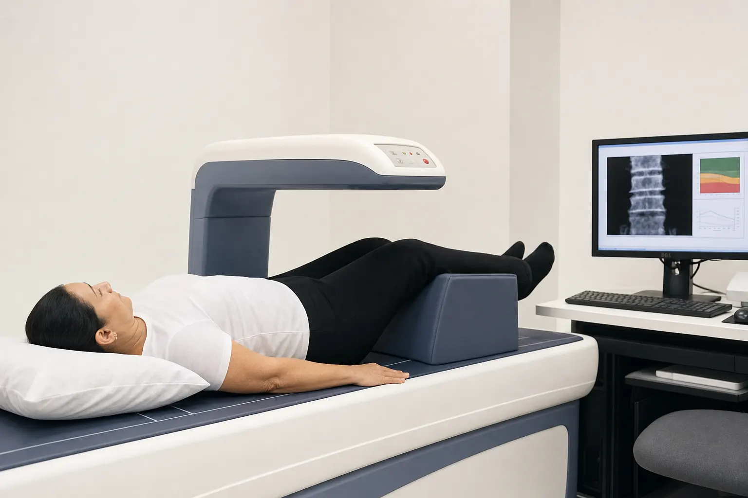 Mujer en un centro médico en Bogotá recibiendo una densitometría ósea para el diagnóstico de osteoporosis.