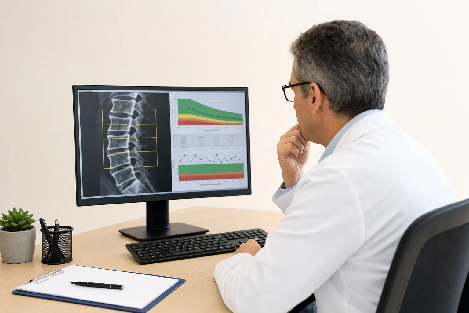 Médico revisando los resultados de una densitometría ósea en una pantalla de computador durante una consulta en Bogotá.