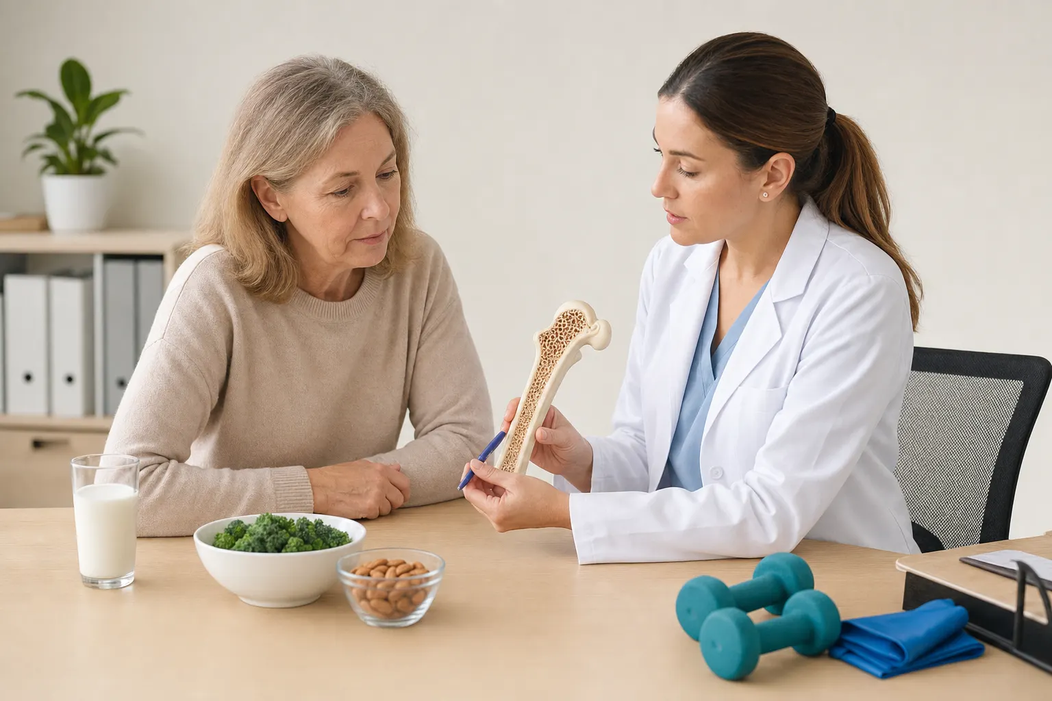 Consulta médica sobre osteoporosis en un consultorio