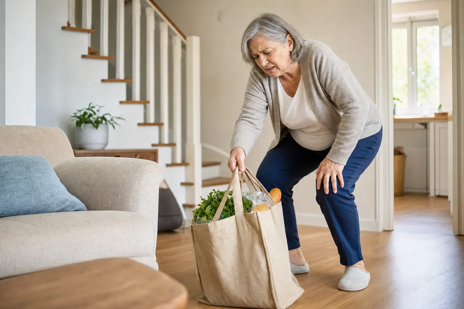 Mujer mayor enfrentando dificultades para realizar tareas diarias, indicando osteoporosis